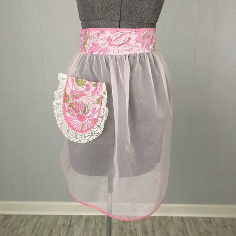 Vintage Pink Half Apron Sheer Chiffon Abstract Lace Tie Back Hostess - Picture 5 of 15